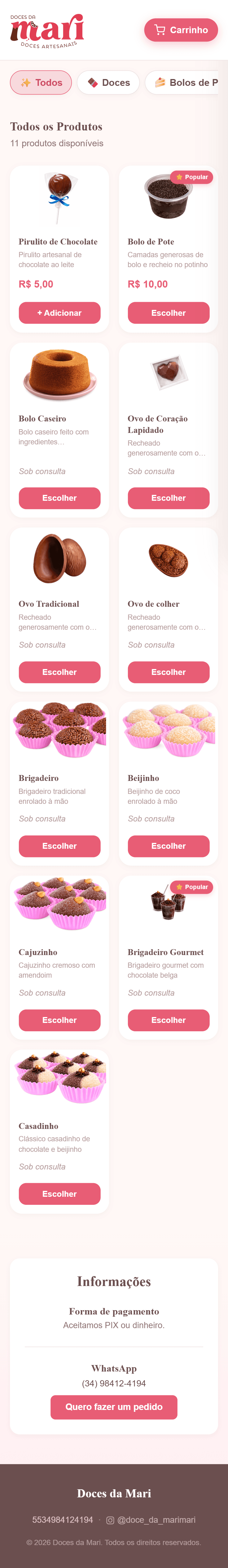 Site da Doces da Mari em mobile