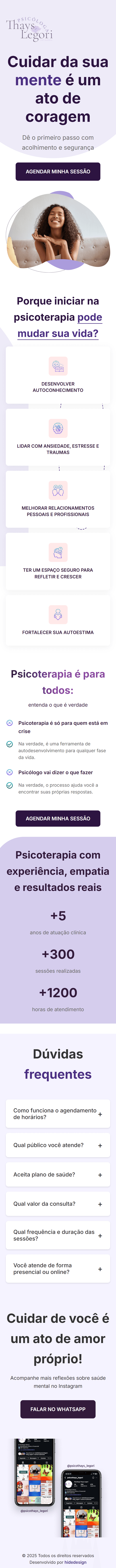 Landing page da Thays Legori em mobile