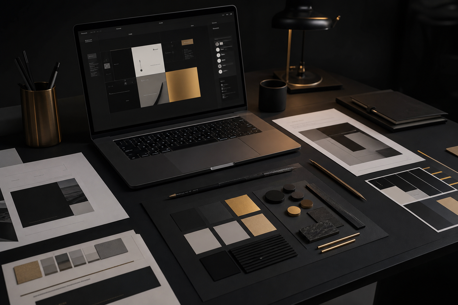 Mesa premium de processo criativo com notebook, grids e materiais de branding